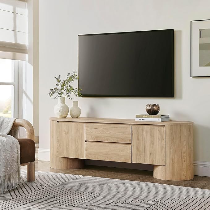 Modway Duval 71 Inch Oval TV Stand in Light Oak – Low Profile Mid Century Modern Media Cabinet - Living Room Entertainment Center with Storage