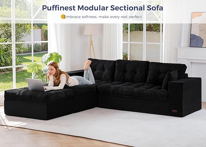 MAXYOYO 104" U Shaped Modular Sectional Sofa with 2 Ottomans, Cloud Boneless Couch with Layered Cushion, Flexible Module Combination Sofa for Living Room, No Assembly Required, Black