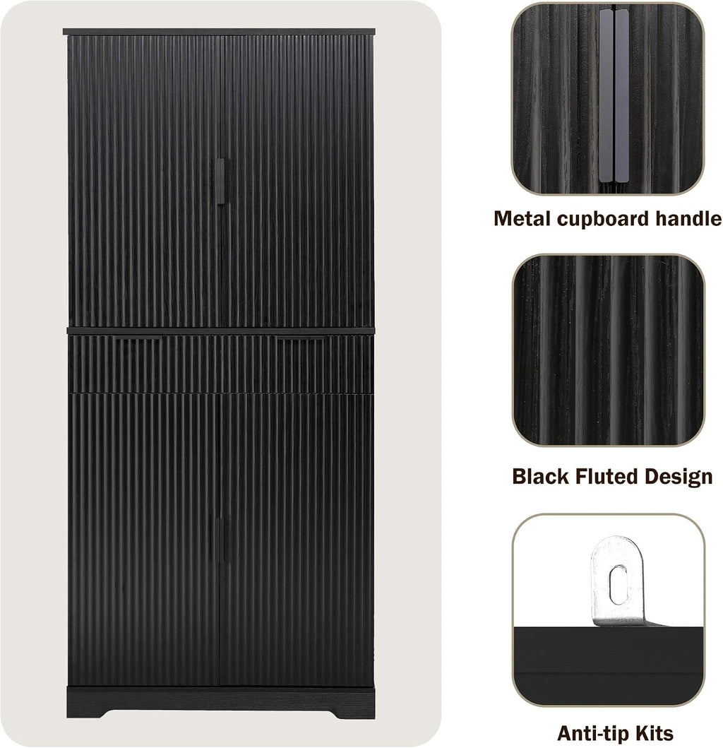 Spaco 72" Fluted Kitchen Pantry Cabinet,Modern Cupboard Storage Cabinet with 3 Keyboard Drawers & 6 Adjustable Door Shelves,Freestanding Kitchen Hutch for Living Room,Dining Room. (Black)