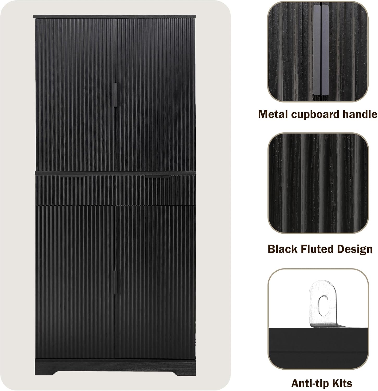 Spaco 72" Fluted Kitchen Pantry Cabinet,Modern Cupboard Storage Cabinet with 3 Keyboard Drawers & 6 Adjustable Door Shelves,Freestanding Kitchen Hutch for Living Room,Dining Room. (Black)