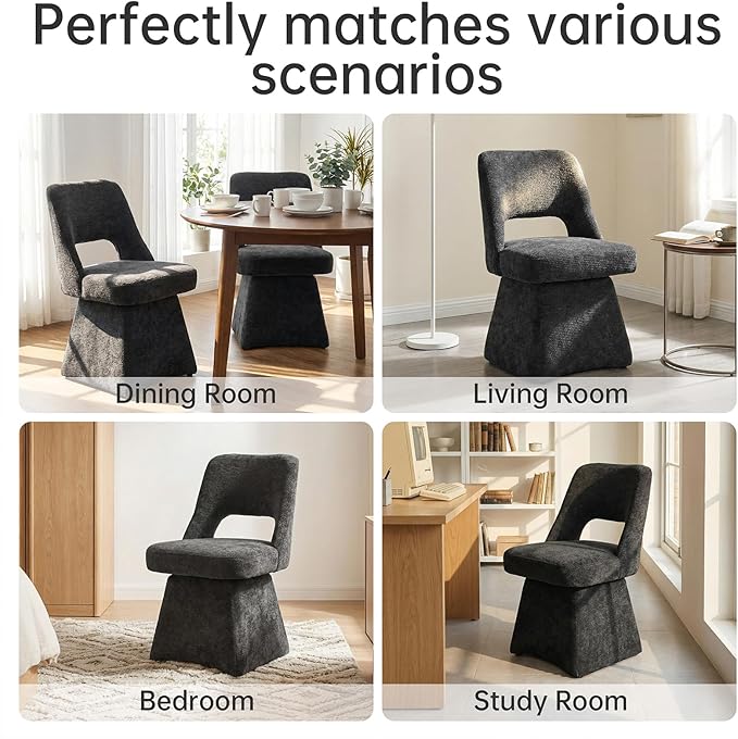 VKNOW Upholstered Swivel Dining Chairs Set of 4, Modern Dining Room Chairs with Open Back, Chenille Fabric Kitchen Chairs for Dining Room, Living Room, Bedroom, Vanity, Black