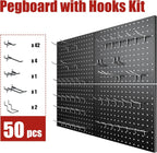 4 Pack Metal Pegboard Panels with 50 Hooks, Black Pegboard Wall Organizer, Pegboard Accessories, Heavy Duty Garage Tool Storage System for Workbench, Workshop, Office, Craft Room