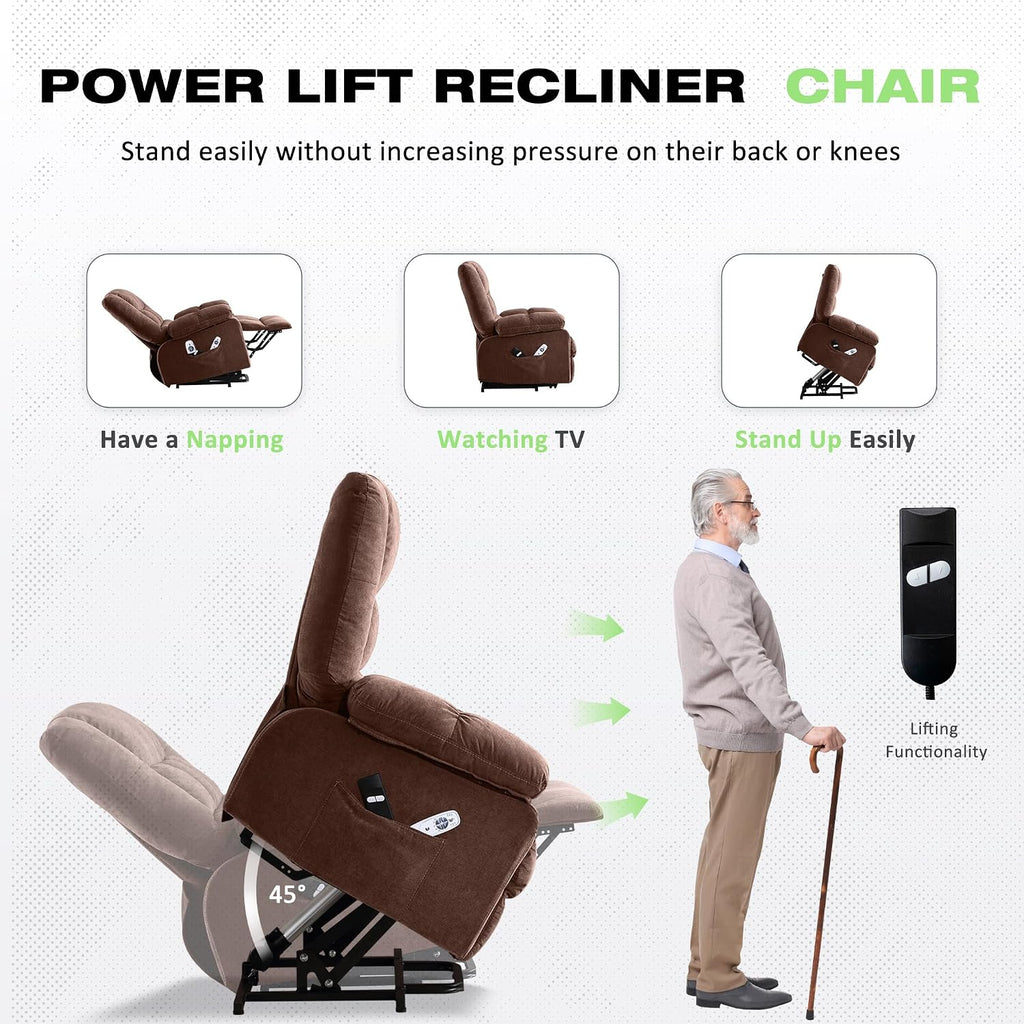 BOSMILLER Power Lift Recliner Chair with Massage and Heat for Elderly,Electric Lift Chair with USB Charging Runction and Side Pockets, Suitable for Living Rooms and bedrooms,Brown