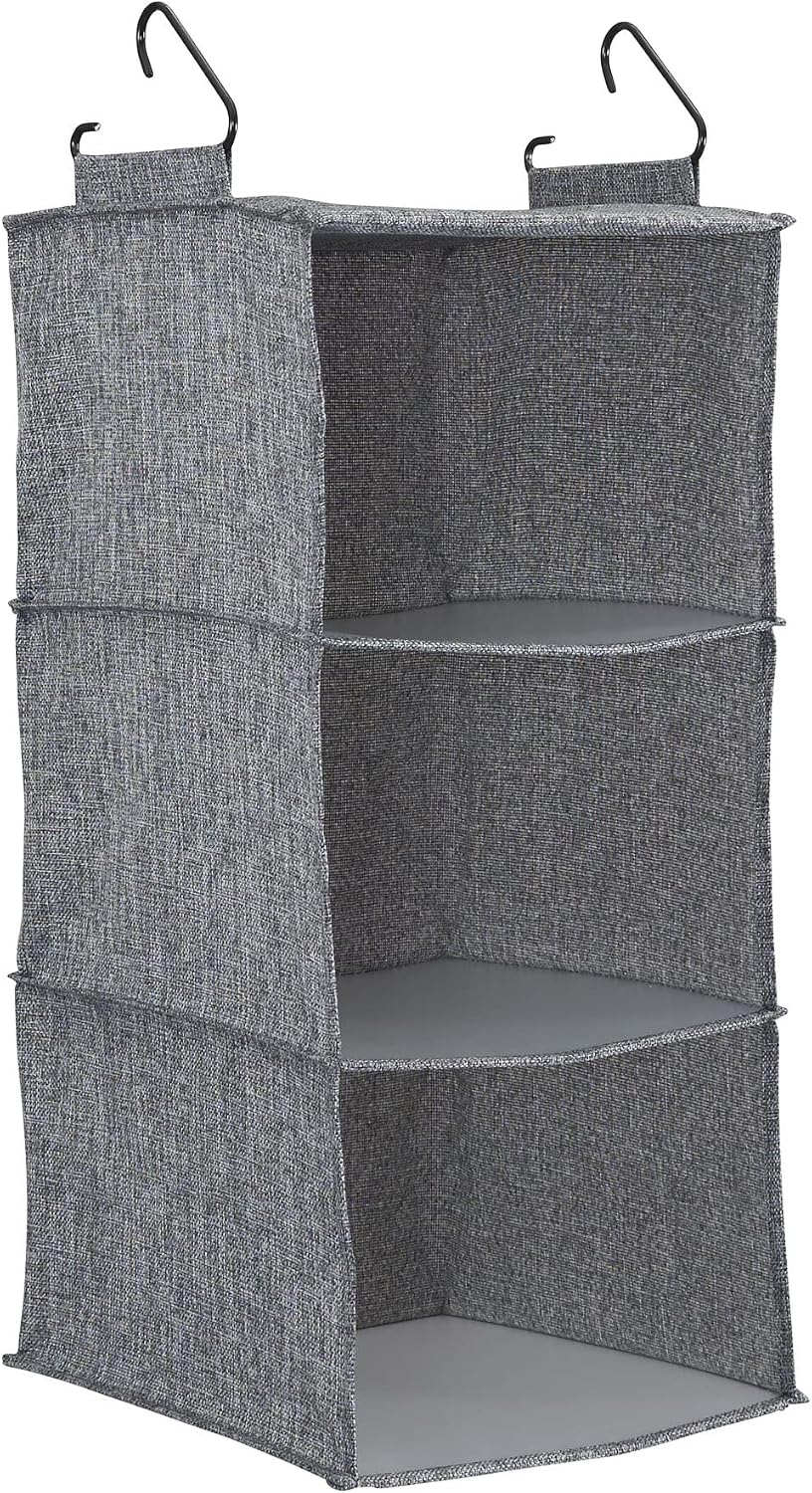 Household Essentials 3 Shelf Hanging Closet Organizer, Hanging Shelf with Hooks, Poly Linen and PEVA Shelving