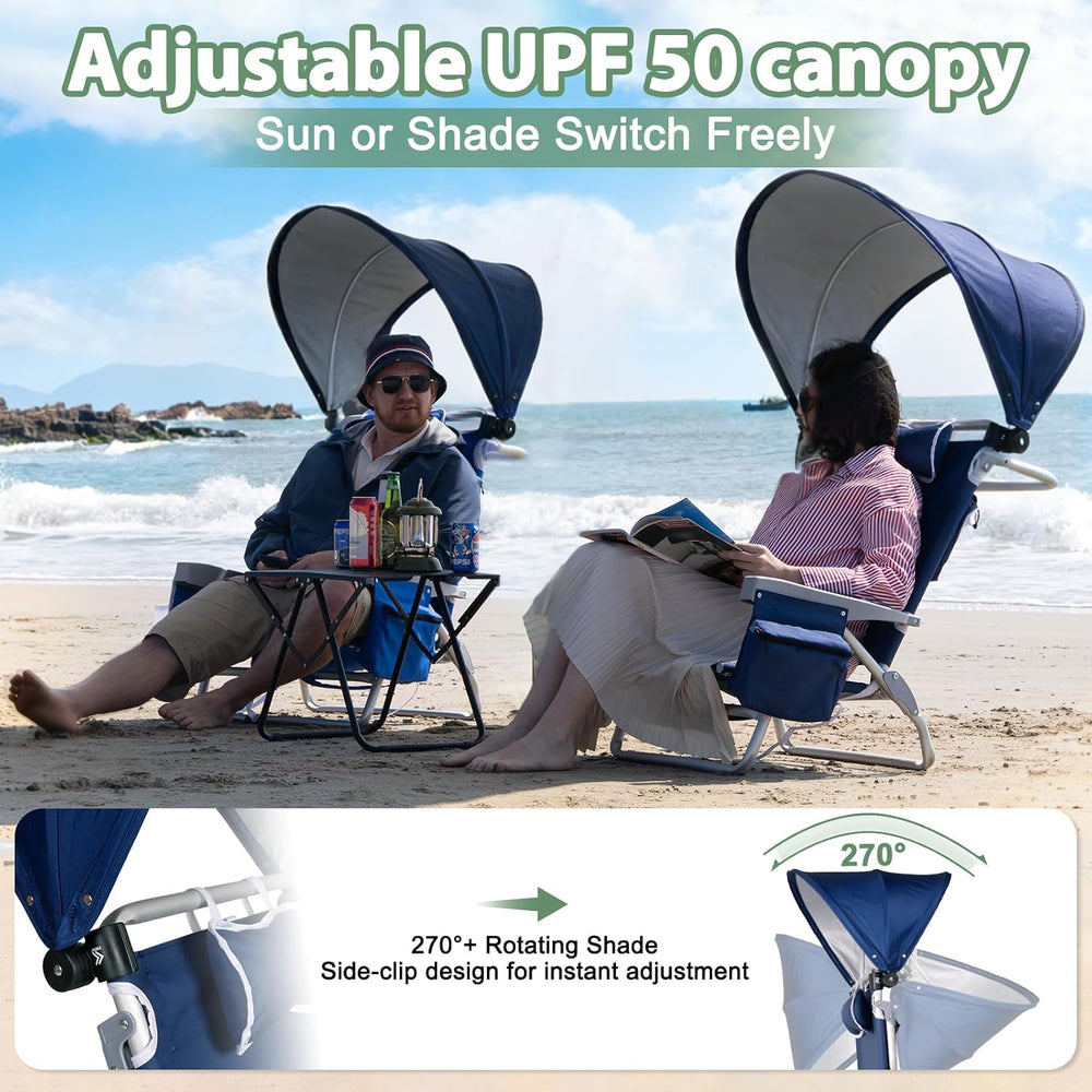 Romswi Extra Wide Beach Chair with Canopy Shade, 1 Pack Aluminum Folding Chai...