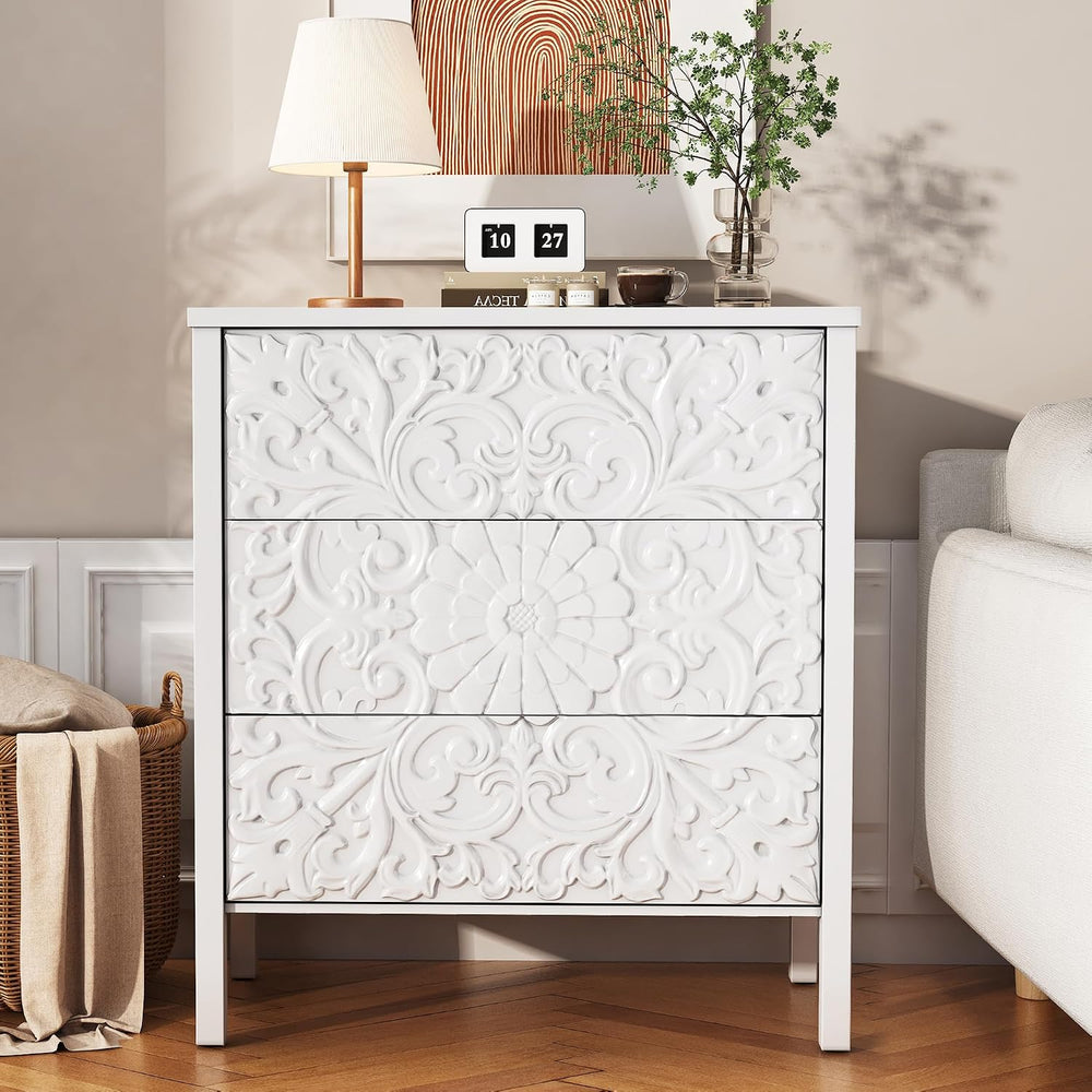 3-Drawer Dresser Chest, Modern Wooden Flower Motif Dressers with Wide Storage...