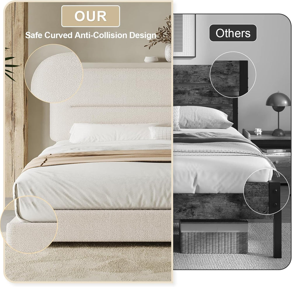 HOMBCK Queen Size Cloud Bed Frame, Cream Plush Boucle Upholstered Platform Be...