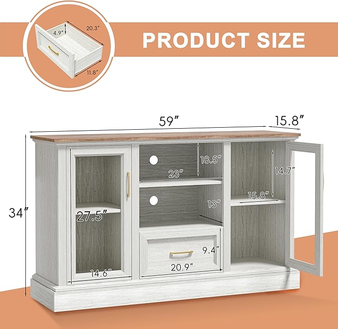 Farmhouse TV Stand for 55/60/65 Inch TV, Tall Media Console with 2 Glass Doors & 3 Adjustable Shelves, Wood Entertainment Center with Cubbies & Drawers for Living Room, Rustic White