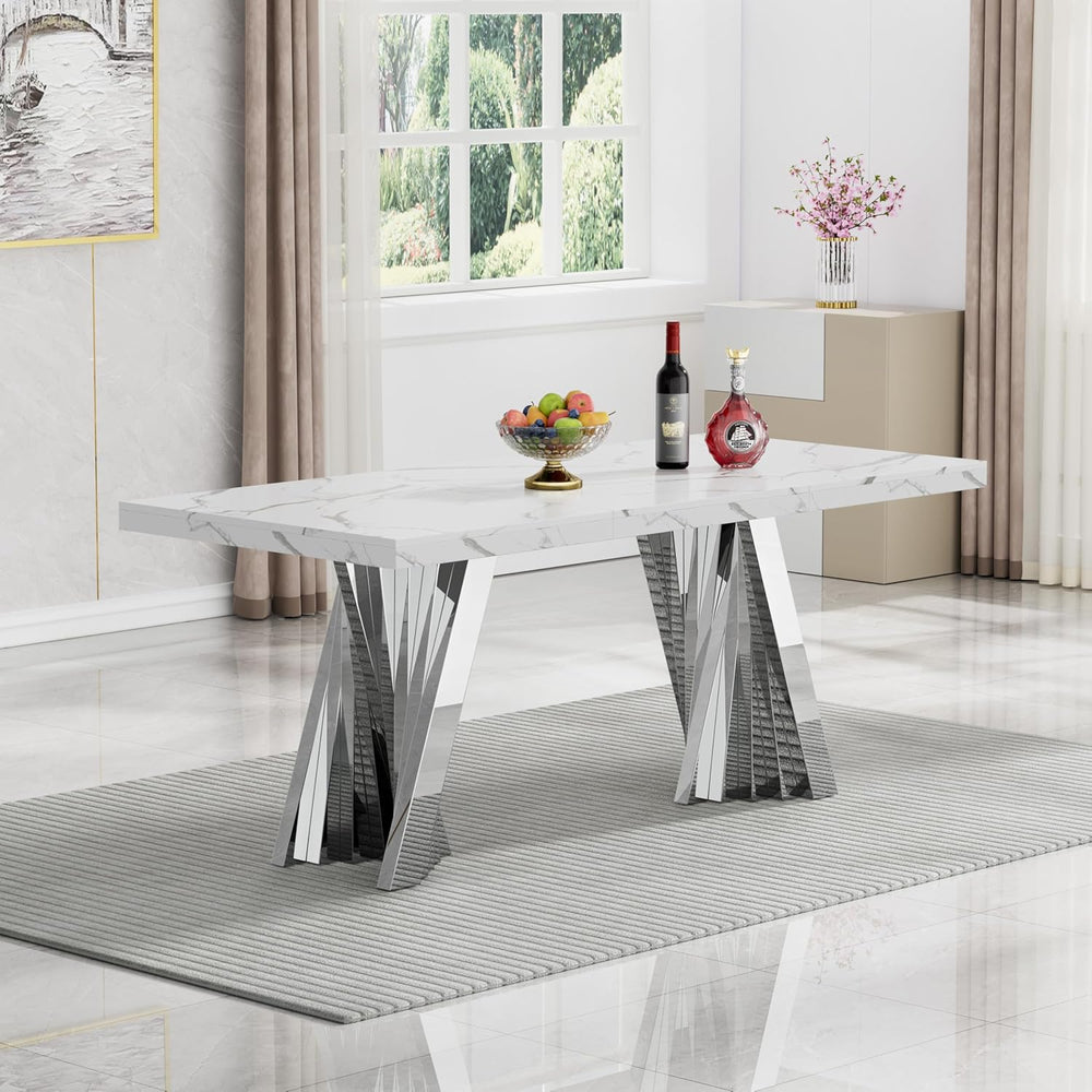 70" Faux Marble White Dining Table for 6, Modern Dining Room Table with ...
