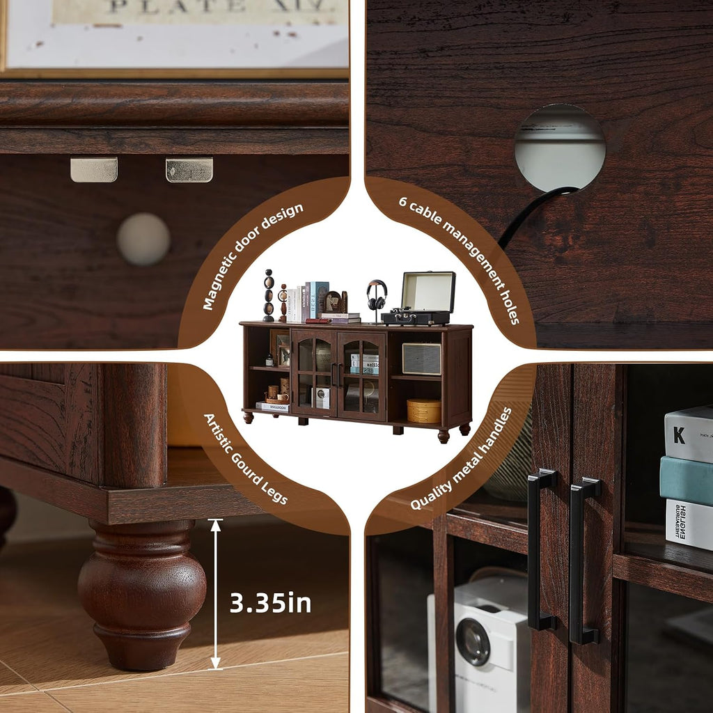 RWYHG Farmhouse TV Stand for 60 in TV, Entertainment Center for Living Room | Adjustable Shelves, Magnetic Glass Door, Sturdy Gourd Base, Wood Grain Top, High Capacity Storage Cabinet, Walnut