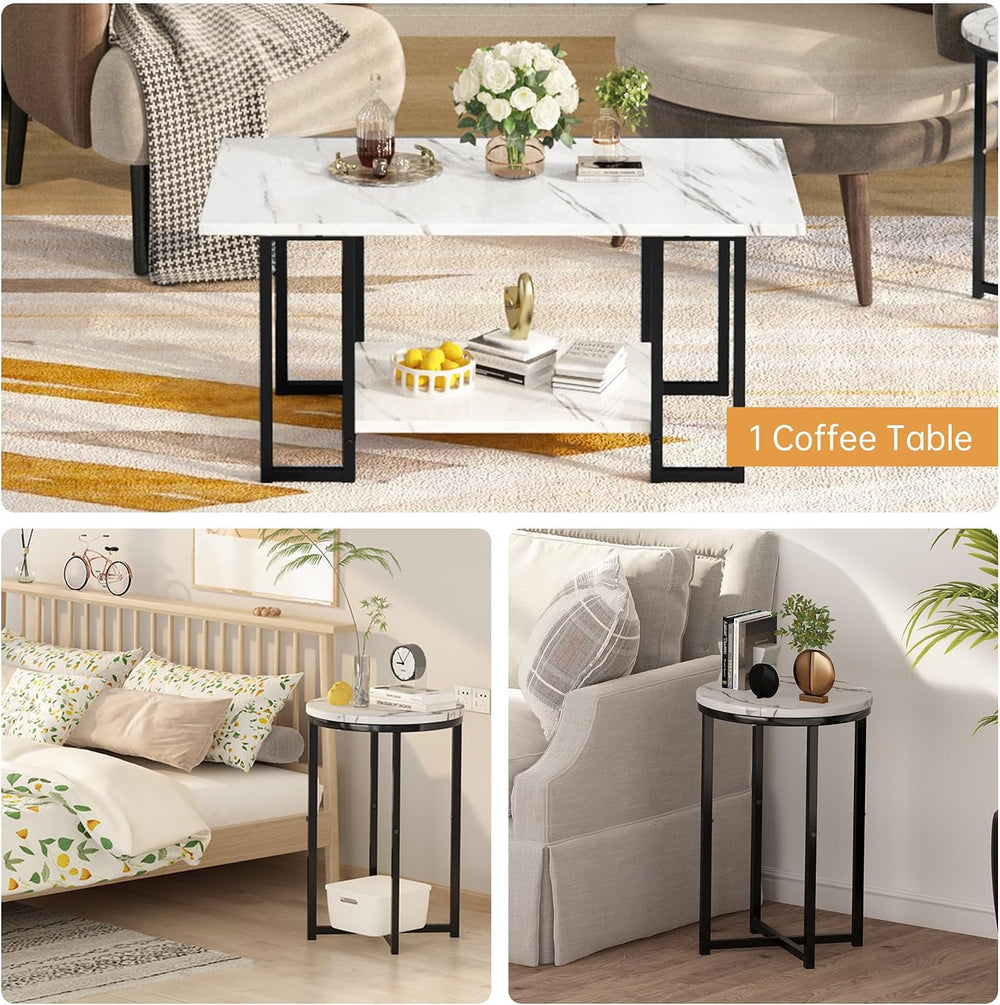 Lamerge 3 Pieces Living Room Table Set, Faux Marble Coffee Table with 2 Round...