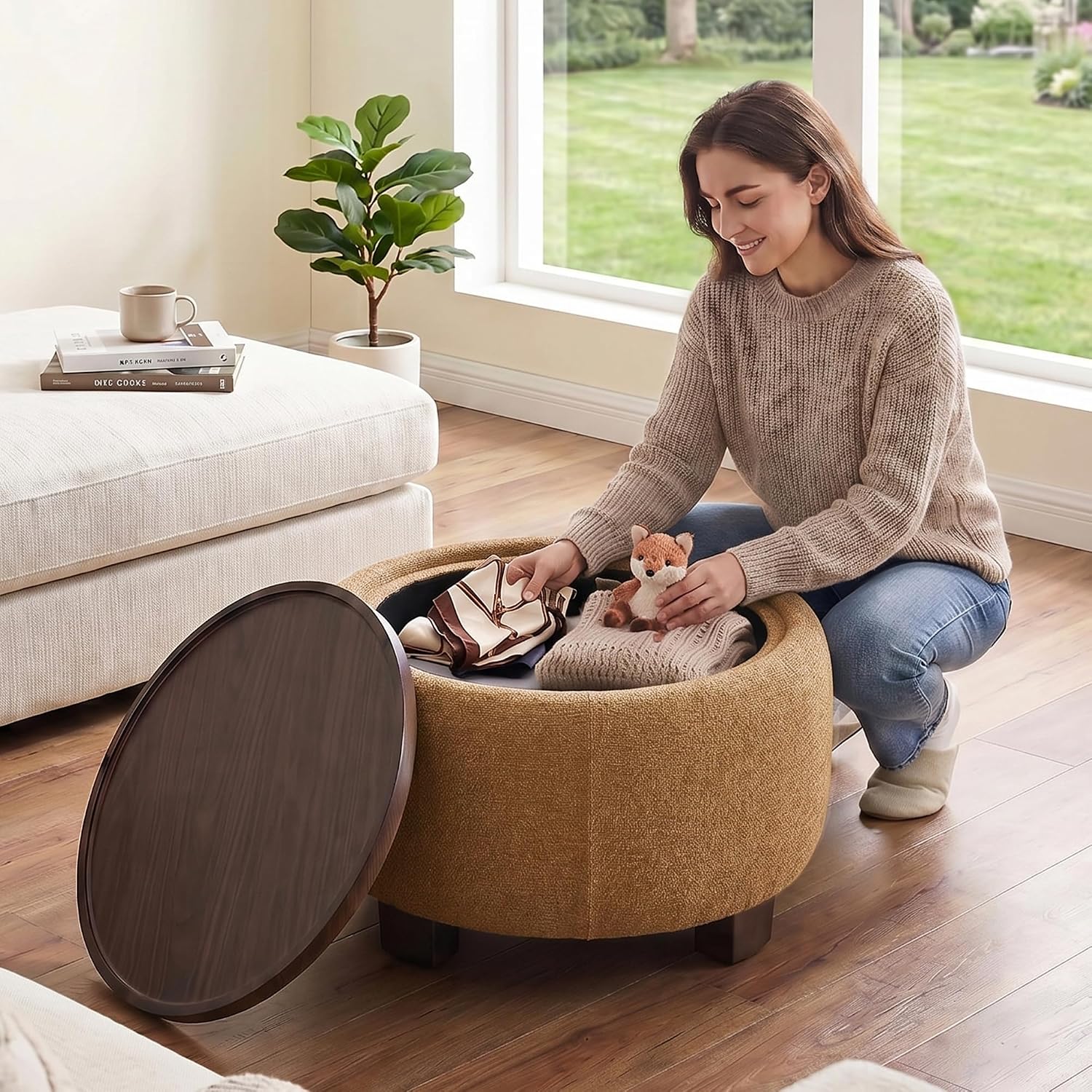 VKNOW 30" Round Storage Ottoman Coffee Table, Ottoman with Sotrage with Lift-Off Lid and Solid Wood Legs, Coffee Tables for Living Room, Bedroom, Apartments, Corners, Orange