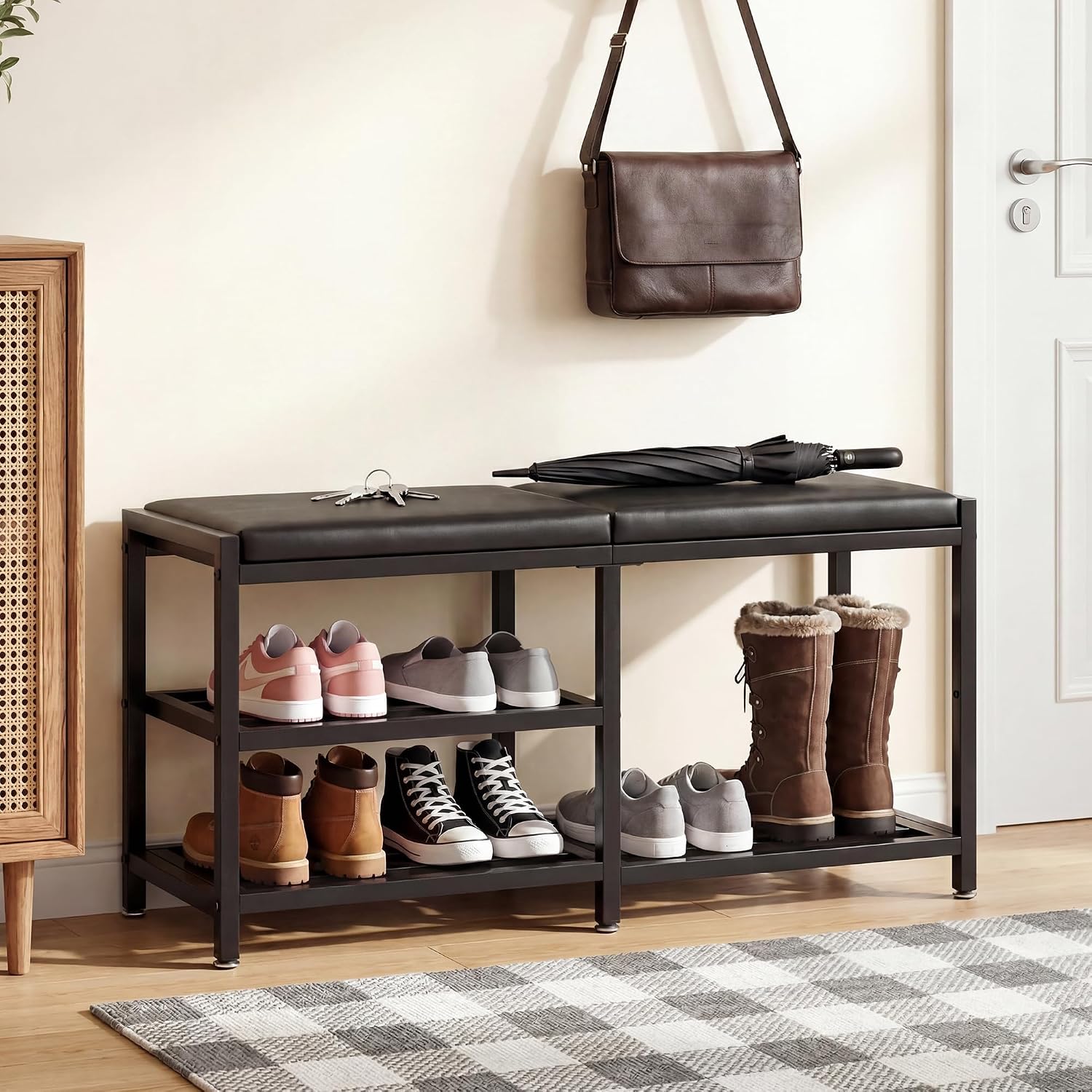 Iron Shoe Rack Storage Bench for Entryway, Holds Up to 560 lb | Space-Saving and Robust, Iron and Foam Padding Shoe Rack for Entryway, Front Door Entrances, Bathroom