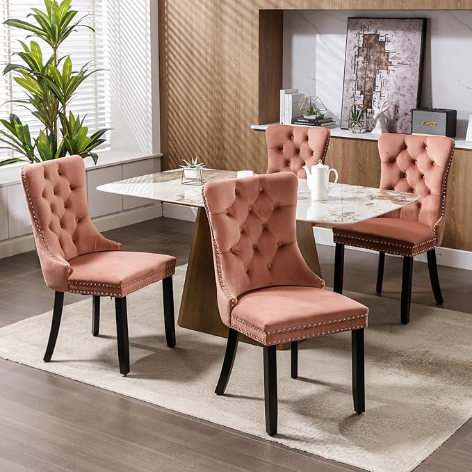Modern Dining Chairs Set of 8, Tufted Upholstered Dining Chair with Solid Wood Legs, Pink Velvet Accent Chair, Sillas de Comedor, Kitchen & Dining Room Chairs (Pink, Velvet, 8Pcs)