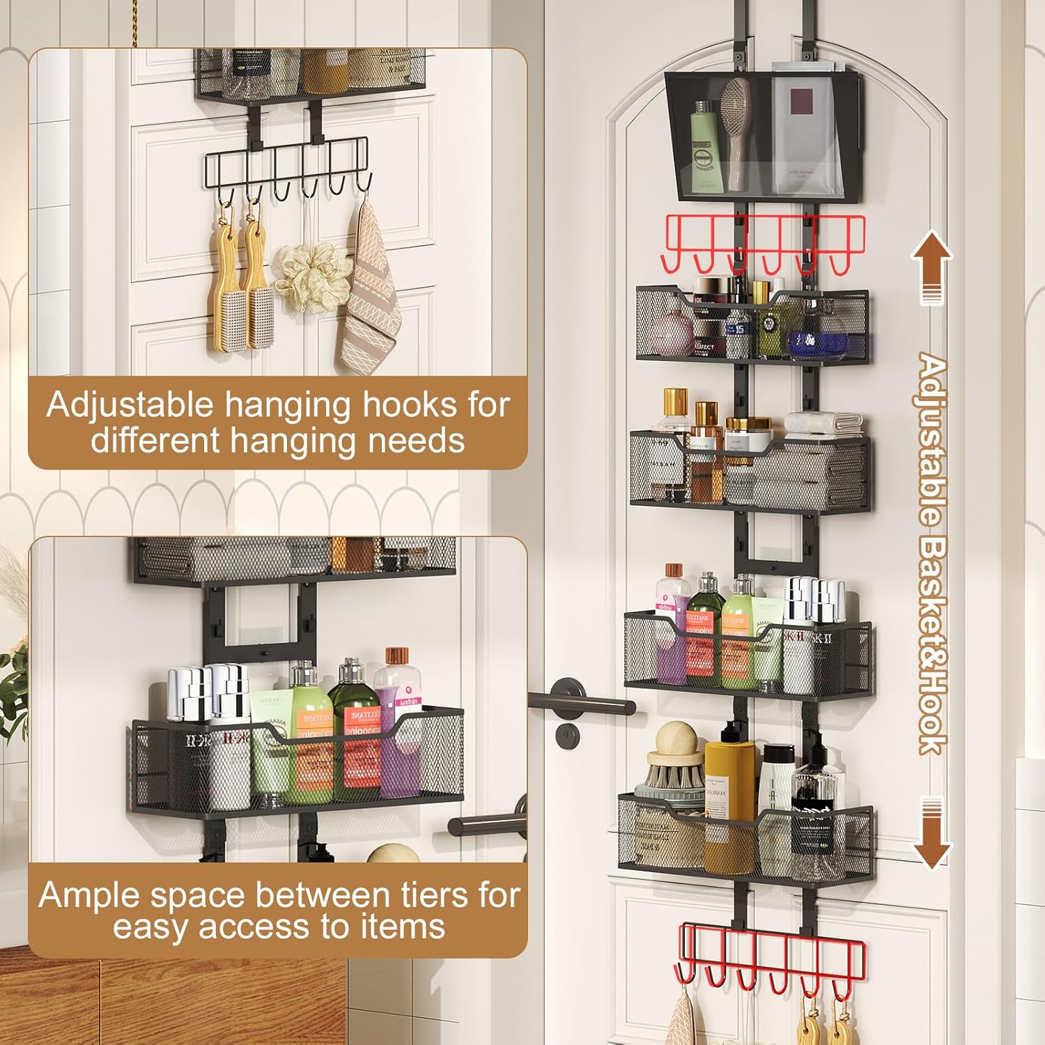 Adjustable Over the Door Pantry Organizer, 5-Tier Metal Pantry Door Organization and Storage, Hanging Door Spice Rack for Home Office Laundry Room Bathroom & Kitchen
