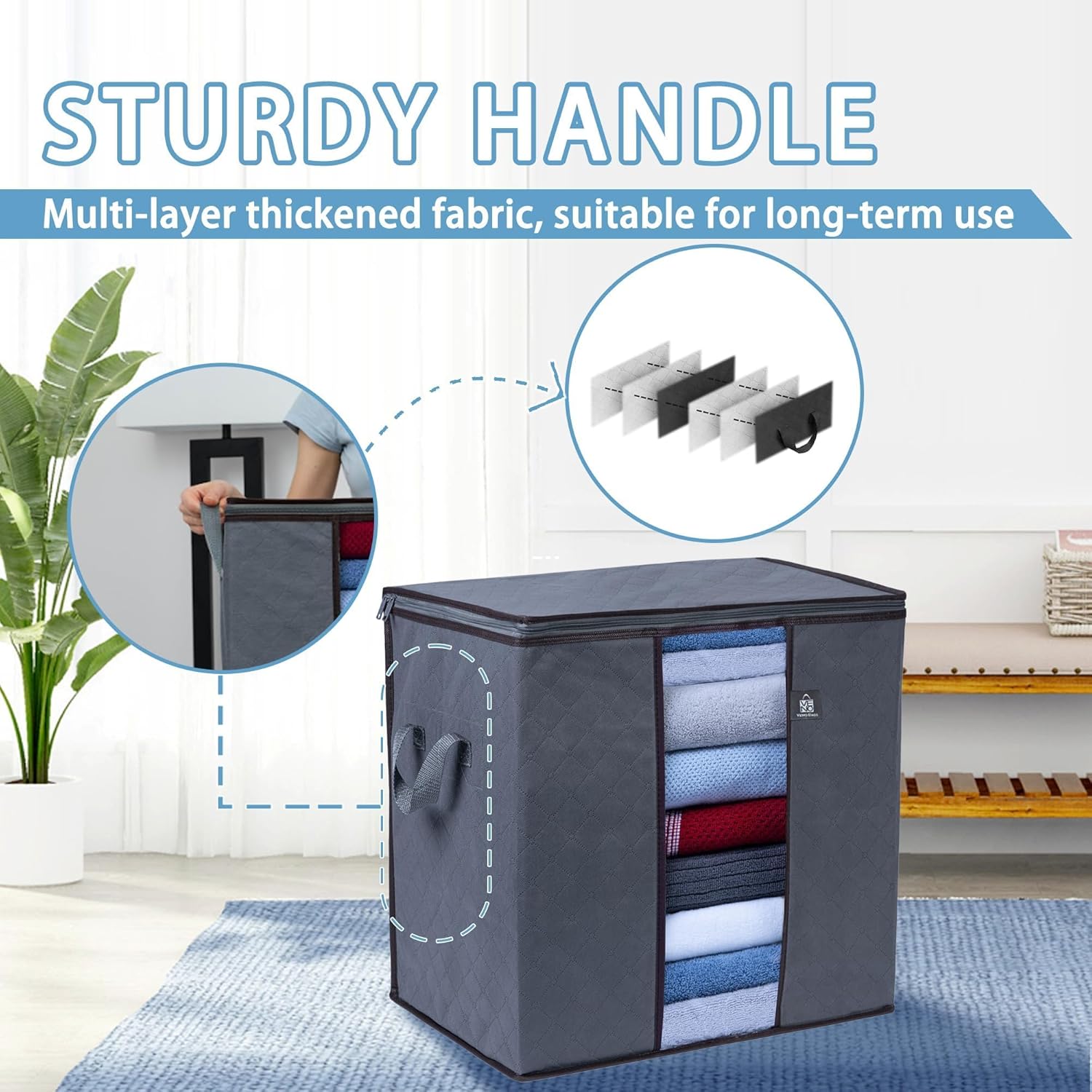 VENO 3 Pack Clothes Storage Bag Organizer with Reinforced Handle Thick Fabric for Comforters, Blankets, Bedding, Foldable with Sturdy Zipper, Clear Window, Reusable (Tall 24 Gallon)