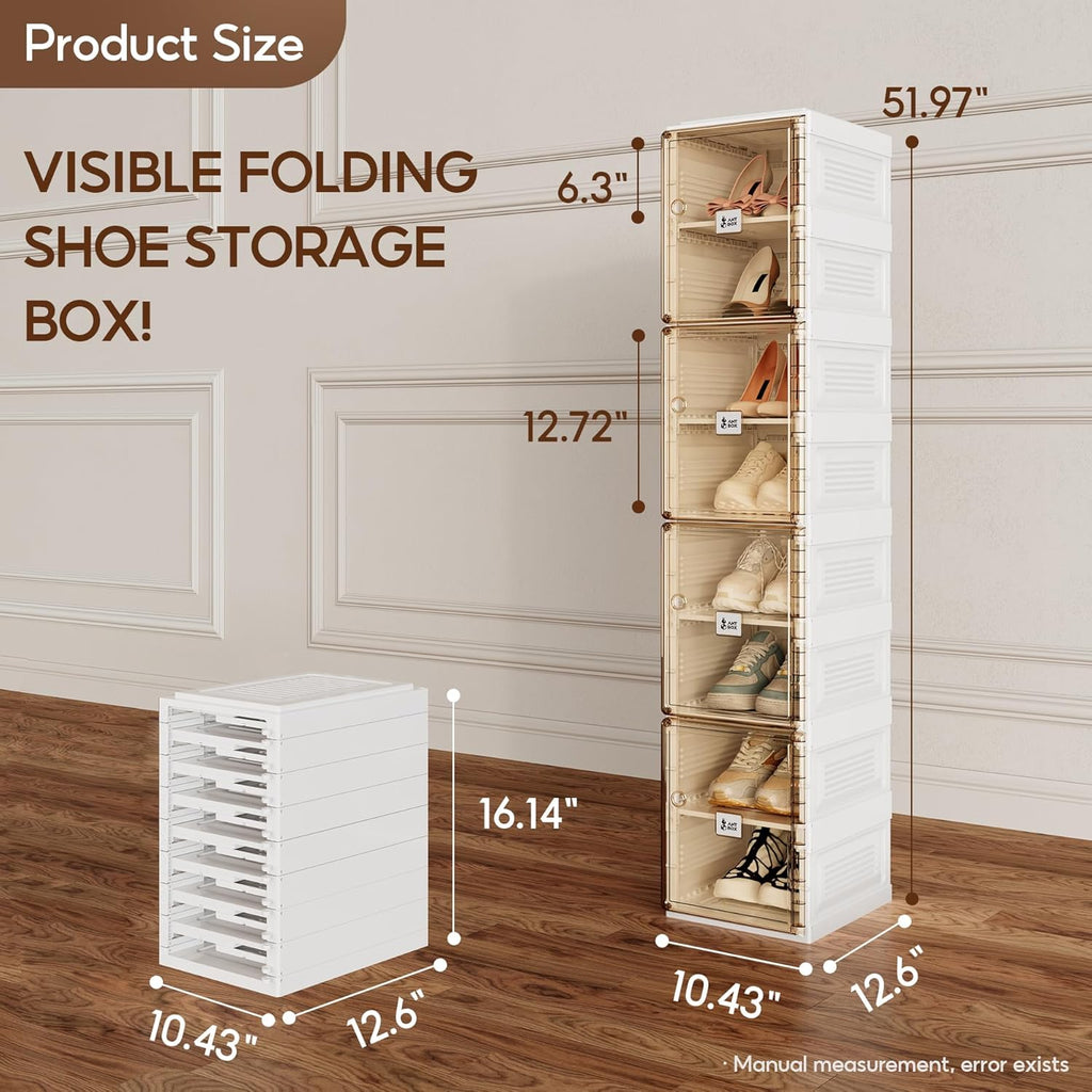 ANTBOX Shoe Organizer Storage Box, Portable Folding Shoe Rack for Closet with Magnetic Clear Door,Large Sneaker Cabinet Bins Sturdy Easy Assembly 8 Layers-8 Grids
