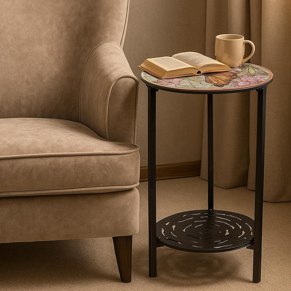 2-Tier Metal Round Side Table Black Accent Coffee Tables Small Space Corner P...