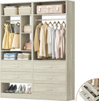 Besiost 4FT Closet Systems with 5 Drawers, 48" Closet Organizer System | Wood Closet Organizer with 2 Hanging Rods & 7 Shelves, Heavy Duty 48" Walk-in Closet, White Oak (48"L x 15" W x 80" H)