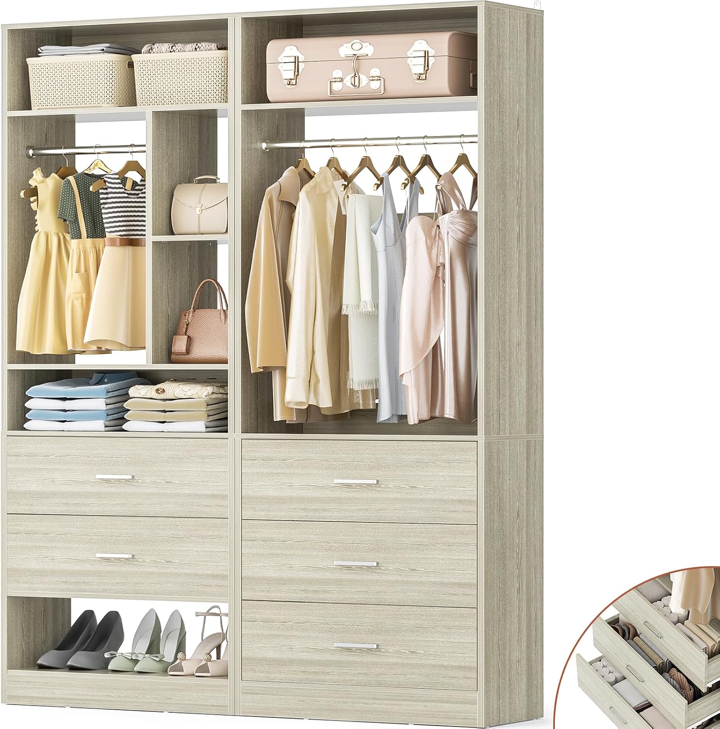 Besiost 4FT Closet Systems with 5 Drawers, 48" Closet Organizer System | Wood Closet Organizer with 2 Hanging Rods & 7 Shelves, Heavy Duty 48" Walk-in Closet, White Oak (48"L x 15" W x 80" H)