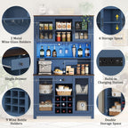 70.9" Kitchen Pantry Storage Cabinet Rustic Buffet Cabinet, Kitchen Hutch Cabinet with LED Outlets Food Pantry with Doors and Shelves Wine Rack for Dining Room, Navy Blue