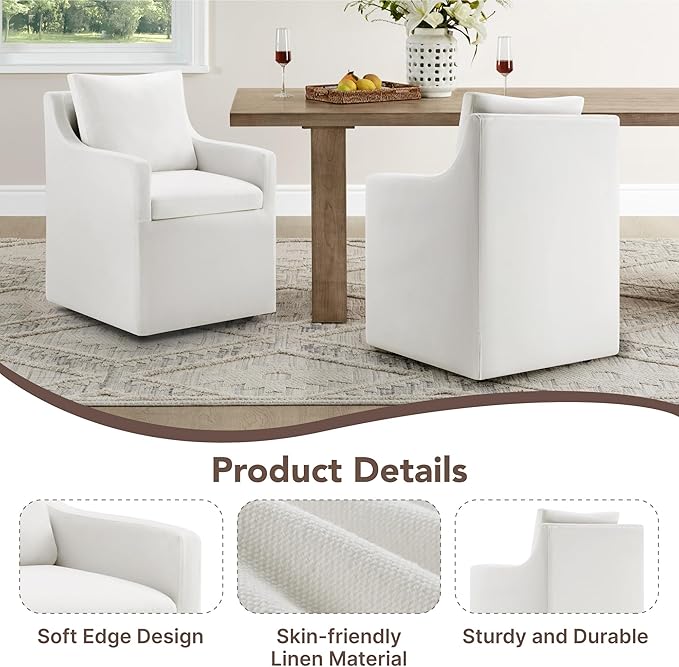 Upholstered Dining Chairs Set of 2, Modern Dining Room Chairs with Casters & Washable Cover, Rolling Accent Chair with Hidden Storage for Kitchen, Farmhouse, Living Room, White, 2 Box