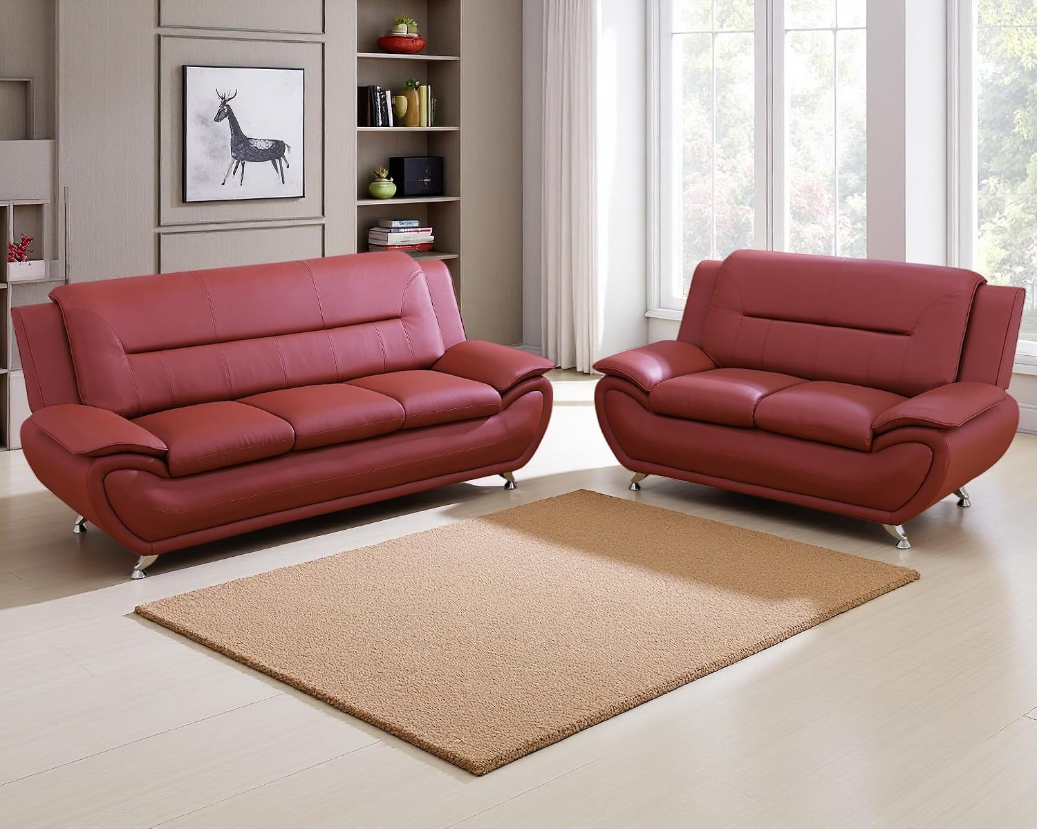 Living Room Furniture Sets, Red Faux Leather Sofa Couch for Living Room, Sofa and Loveseat for Office, Bedroom, Apartment
