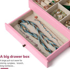 Meangood Jewelry Box Organizer for Women, 2 Layer Large Jewelry Storage Case, Rustic Wooden Jewelry Box with Mirror & Ring Tray for Necklace Earring Bracelets Rings, Vintage Style (Pink)