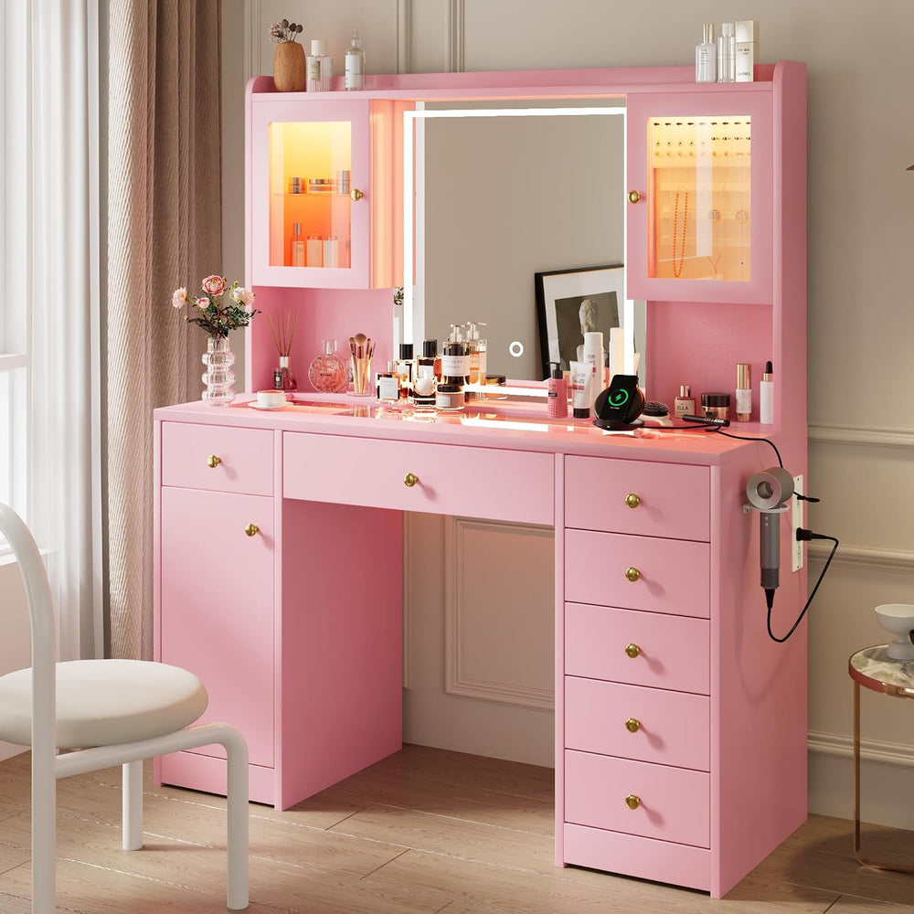 iPormis Vanity Desk with Mirror and Lights, Glass Top Makeup Vanity with RGB ...