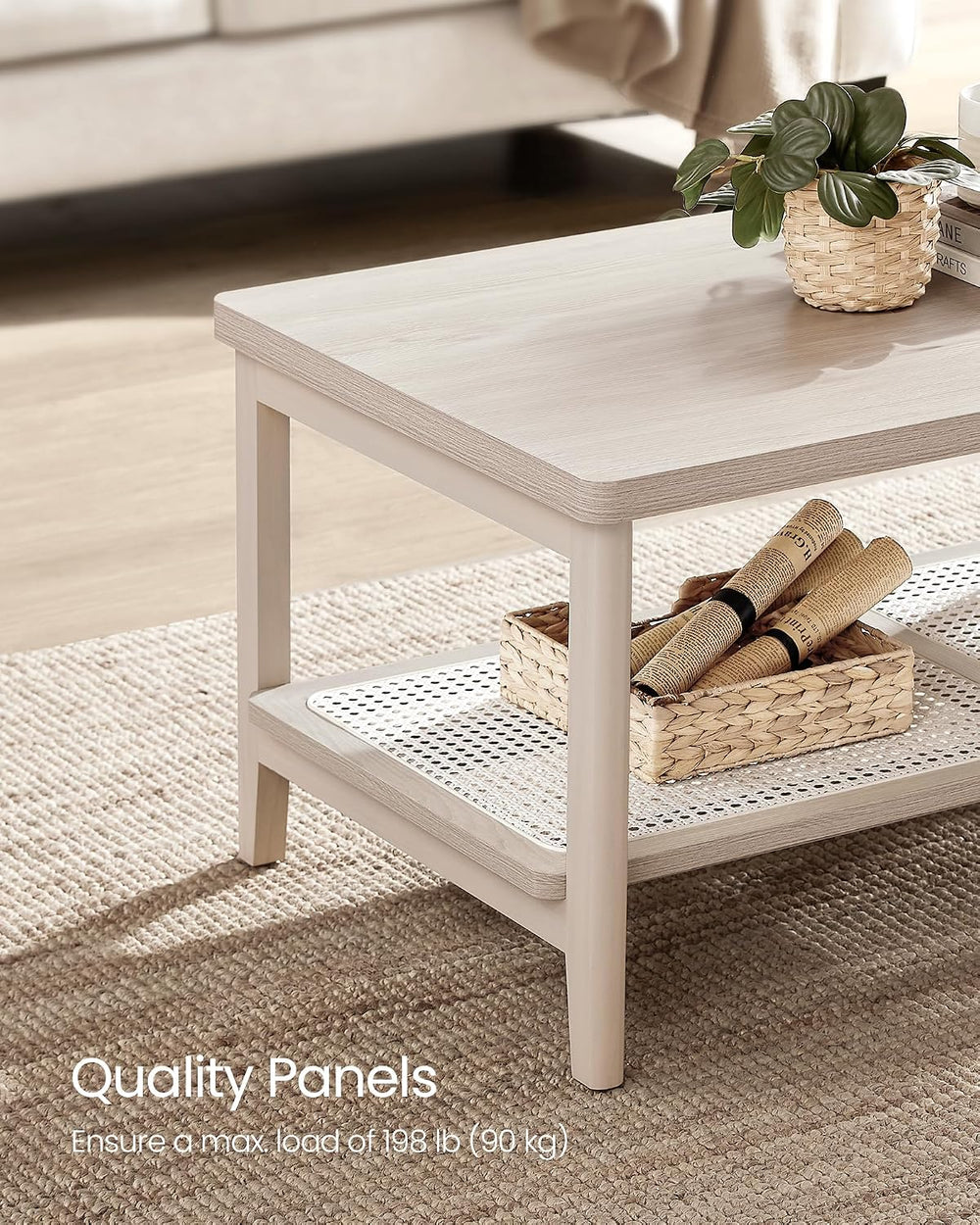 VASAGLE 2-Tier Coffee Table, Rectangular, PE Rattan Shelf, Rounded Corners