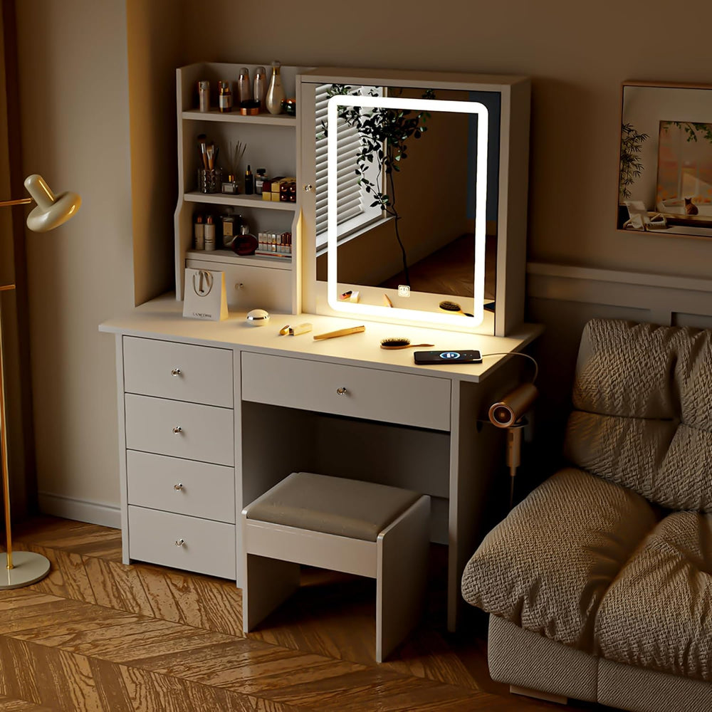 Vanity Desk with Mirror and LED Lights, Makeup Vanity Set with Power Outlet, ...