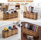 Flatware Silverware Caddy Party Acacia Wood Cutlery Utensil Holder Counter | Small Wooden Cutlery Silverware Organizer Table Spoon and Fork Holder Picnic Utensil Caddy Farmhouse Kitchen Decor