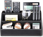 KINGFOM Pu Leather Desk Organizer with 5 Compartments Holder, Multi-Functional Office Supplies Storage Caddy for Pen/Pencil, Phones, Remote Controller and Desktop Accessorie Black