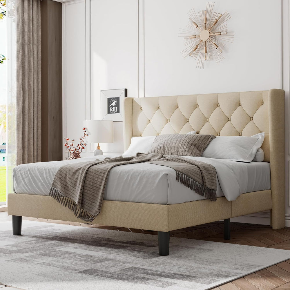 Feonase Queen Bed Frame with Diamond Tufted Wingback Headboard, Morden Uphols...