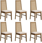 SICOTAS Rattan Dining Chairs Set of 6 - Solid Wood Dining Room Chairs with Rattan Decor High Back, Farmhouse Upholstered Kitchen Chairs, Modern Armless Dining Chair for Dining Room, Kitchen, Oak, 6PCS