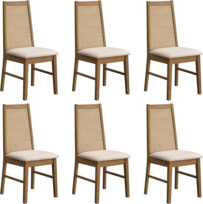 SICOTAS Rattan Dining Chairs Set of 6 - Solid Wood Dining Room Chairs with Rattan Decor High Back, Farmhouse Upholstered Kitchen Chairs, Modern Armless Dining Chair for Dining Room, Kitchen, Oak, 6PCS