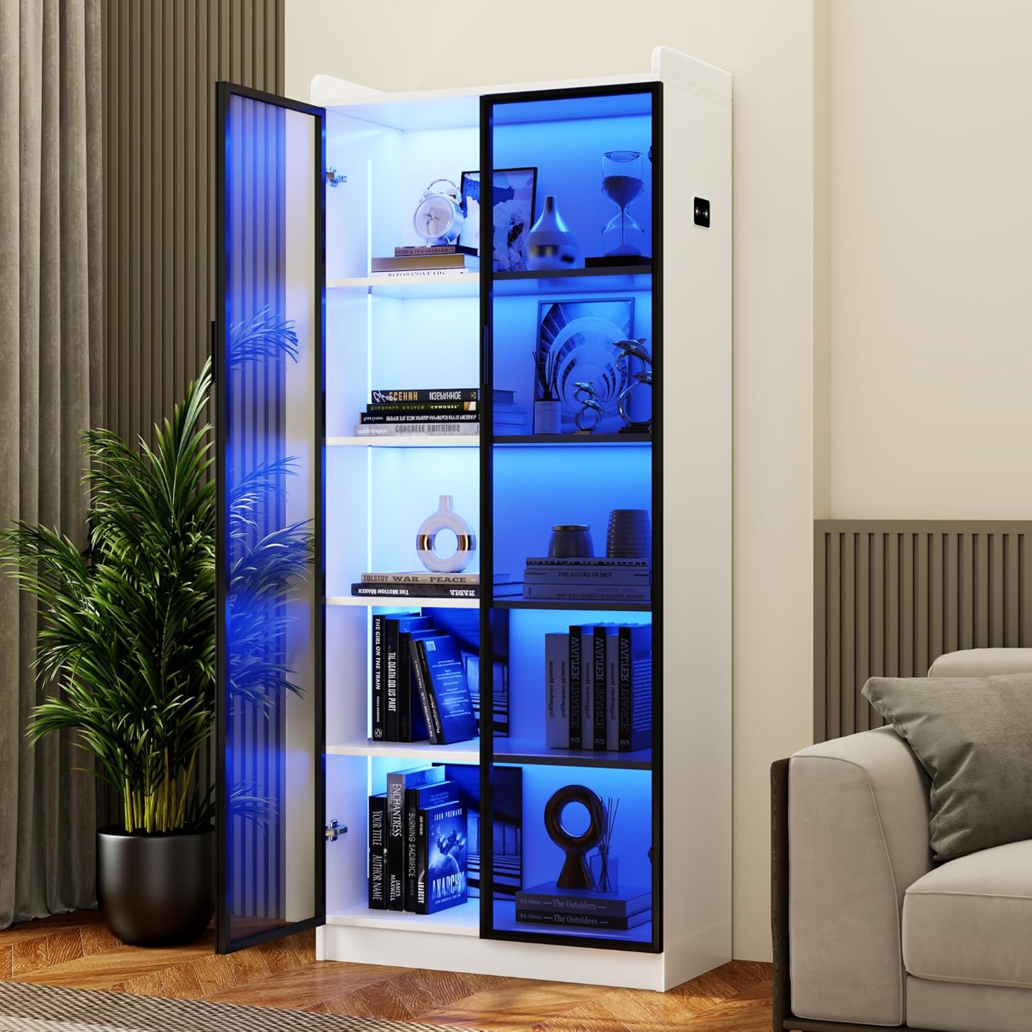 Display Cabinet with Doors and Adjustable Shelves, 65" Tall Bookcase with LED Lights/Human Sensor, 5 Tier Display Case for Collectibles Bedroom Living Room Office, White