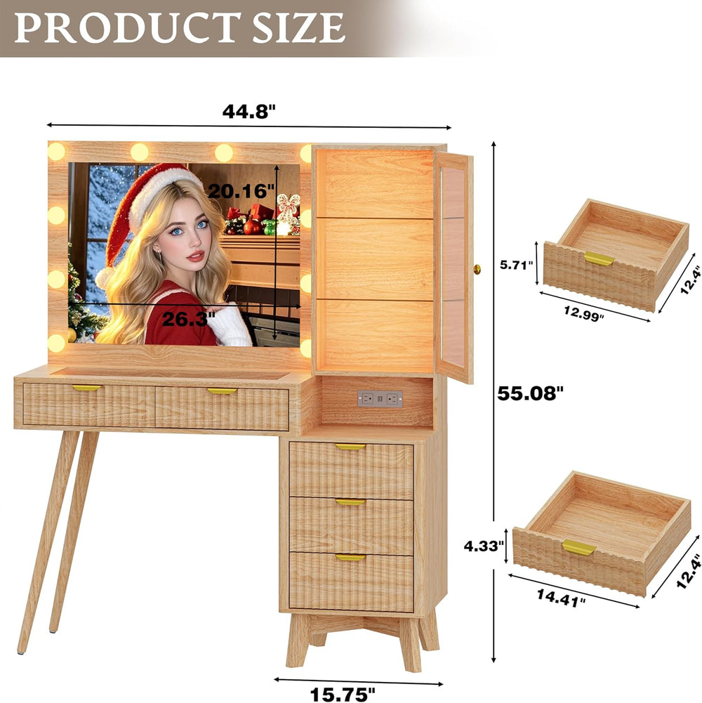Xixini 45" Fluted Makeup Vanity Desk with Mirror & Lights, Oak