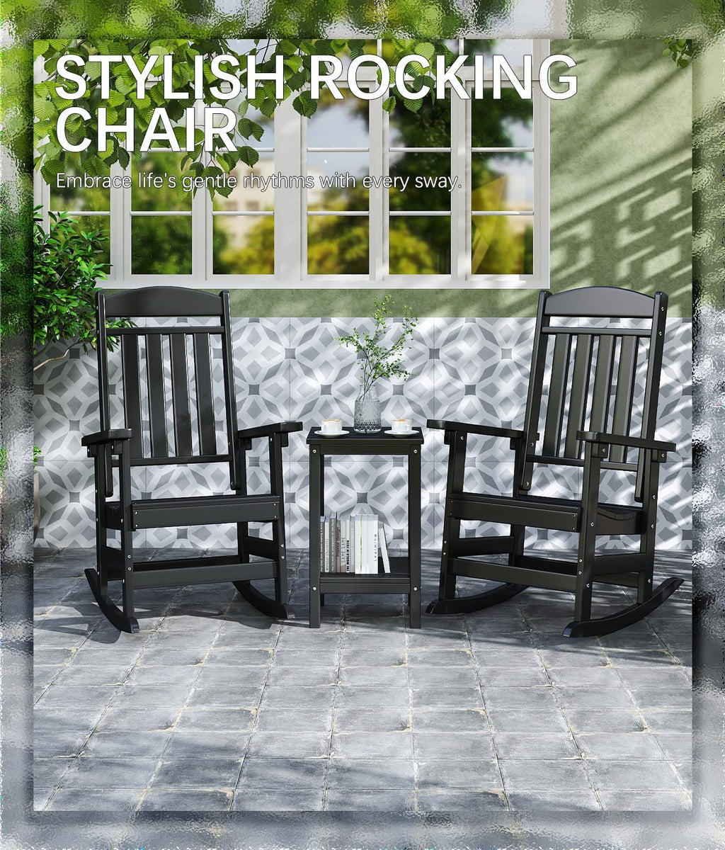 Outdoor Rocking Chair Set of 3, Oversized Rocking Chair Outdoor | HDPE All Weather Resistant High Back Patio Rocker for Porch, Patio, Garden,350 lbs Capacity, Black