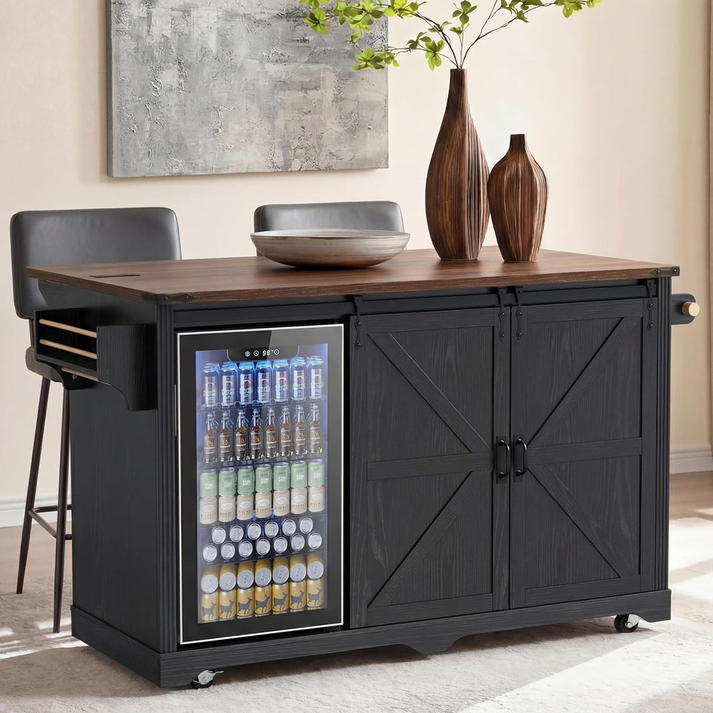 Polibi 72" Farmhouse Kitchen Island Table with with Mini Fridge Storage Space & Power Outlet, Rolling Coffee Bar Cabinet on Wheels with Drop Leaf, 4 Drawers, Sliding Barn Door, Glass Holder, White