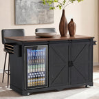 Polibi 72" Farmhouse Kitchen Island Table with with Mini Fridge Storage Space & Power Outlet, Rolling Coffee Bar Cabinet on Wheels with Drop Leaf, 4 Drawers, Sliding Barn Door, Glass Holder, White