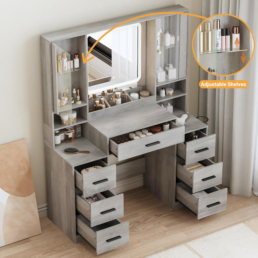 BORNOON Vanity Desk with Mirror and Lights, Makeup Vanity with 7 Drawers, 2 G...