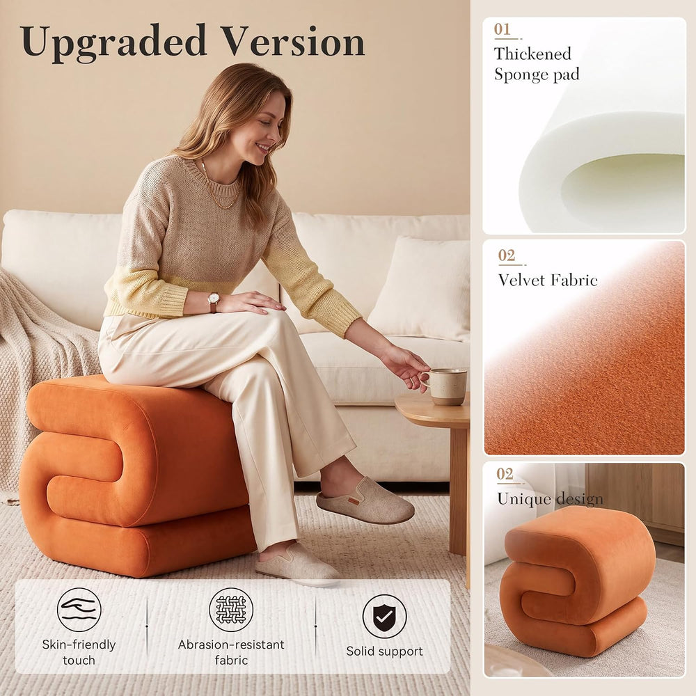 FOXHUNTER S Shape Modern Pouf Ottoman Vanity Stool, Velvet Orange | Footstool...