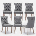 Linen Upholstered Dining Chairs Set of 6, Modern Style Kitchen Side Chairs with Nailhead Trim and Wood Leg, Metal Pulling Ring for Dining Room Living Room(Smoky Gray,Set of 6)