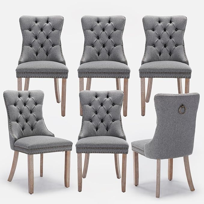 Linen Upholstered Dining Chairs Set of 6, Modern Style Kitchen Side Chairs with Nailhead Trim and Wood Leg, Metal Pulling Ring for Dining Room Living Room(Smoky Gray,Set of 6)