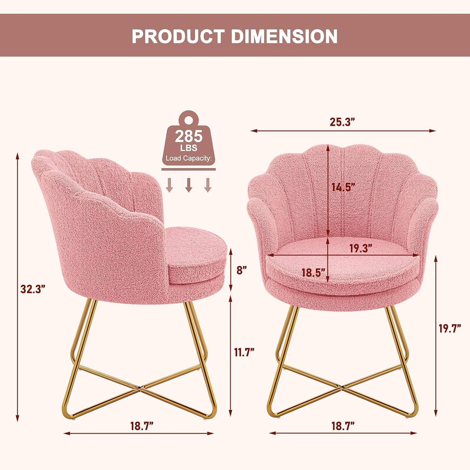 Furnimart Vanity Chair with Back, Shell Accent Chair for Living Room, Criss Cross Chair with Gold Legs, Makeup Chair for Bedroom Desk Chair no Wheels, Faux Fur Pink