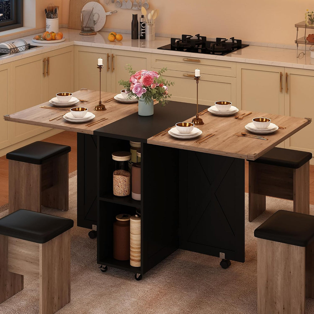 5 PCS Farmhouse Dining Table Set for 4,60" Large Folding Dining Table Se...