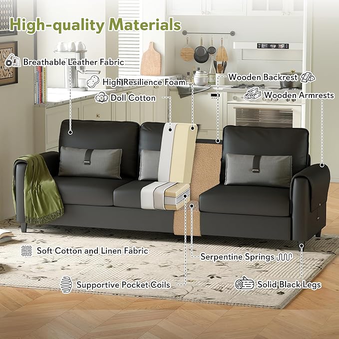 STHOUYN 88” Faux Leather Couch for Living Room, Black Office Couch Small Space, Comfy 3 Seater Couches Leather Sofa with High Backrest (Black)