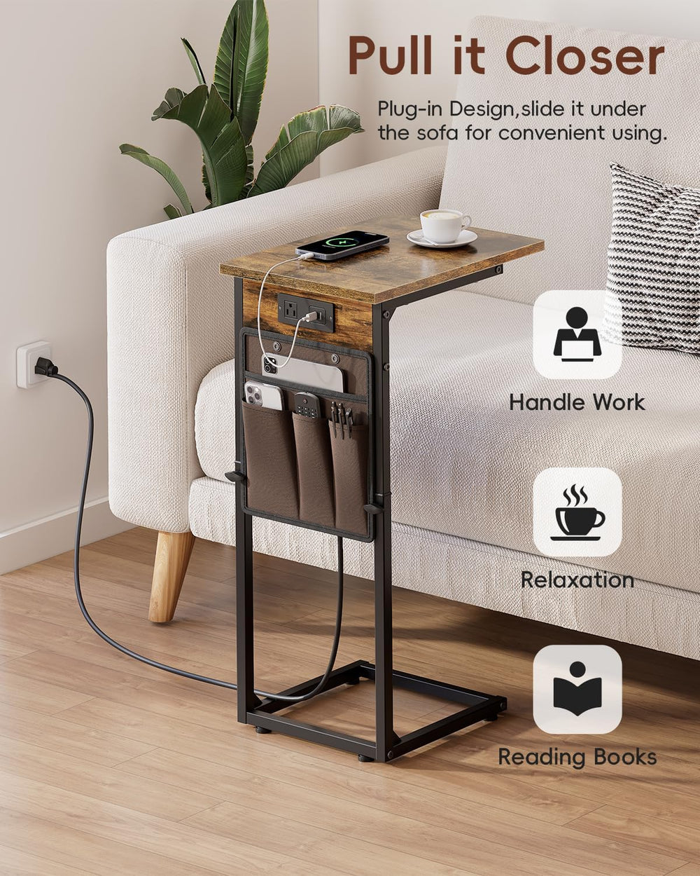 Vagusicc C Shaped End Table with Charging Station, Adjustable Height Side Tab...