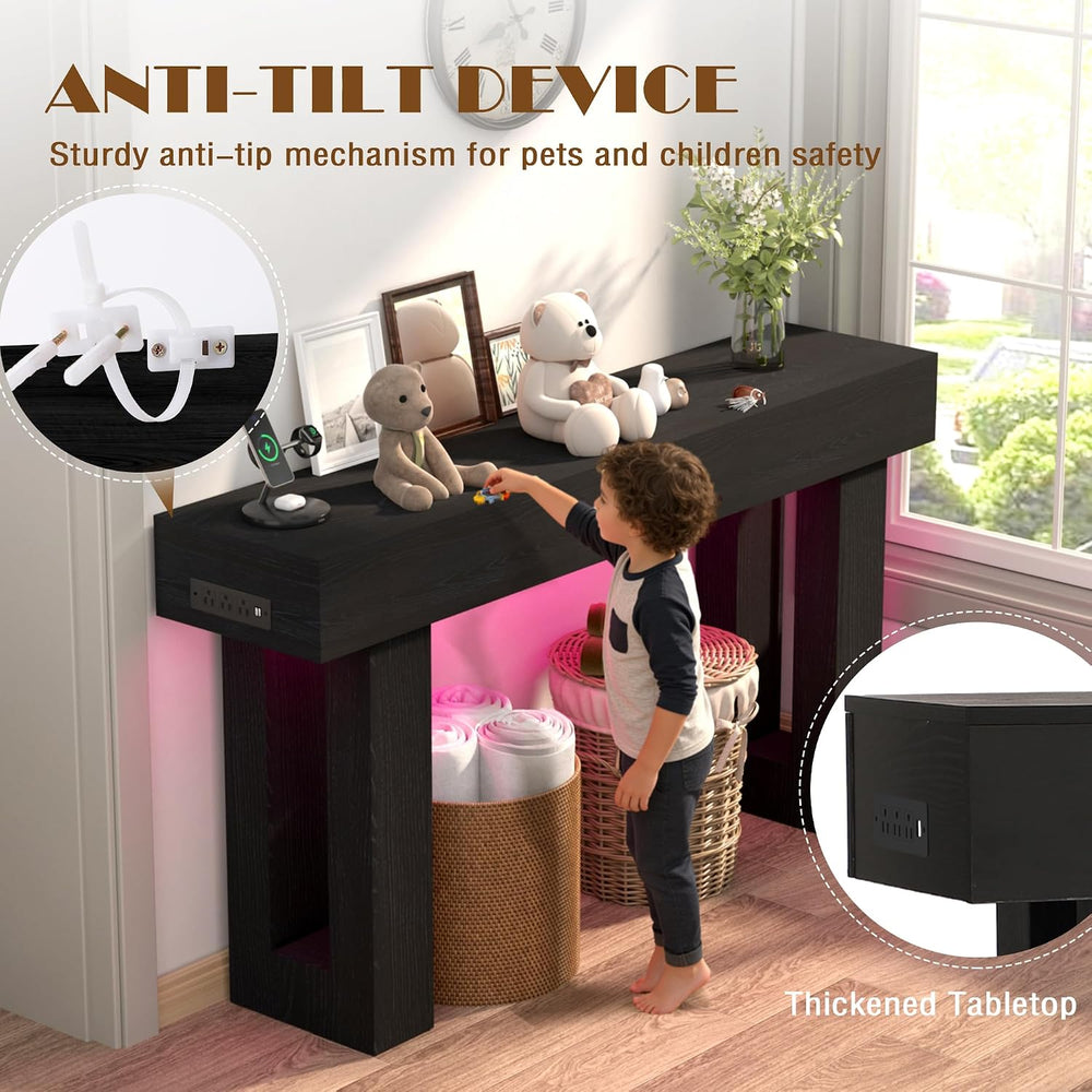 63" Extra-Long Modern Console Table with Charging Station, RGB LED Light...